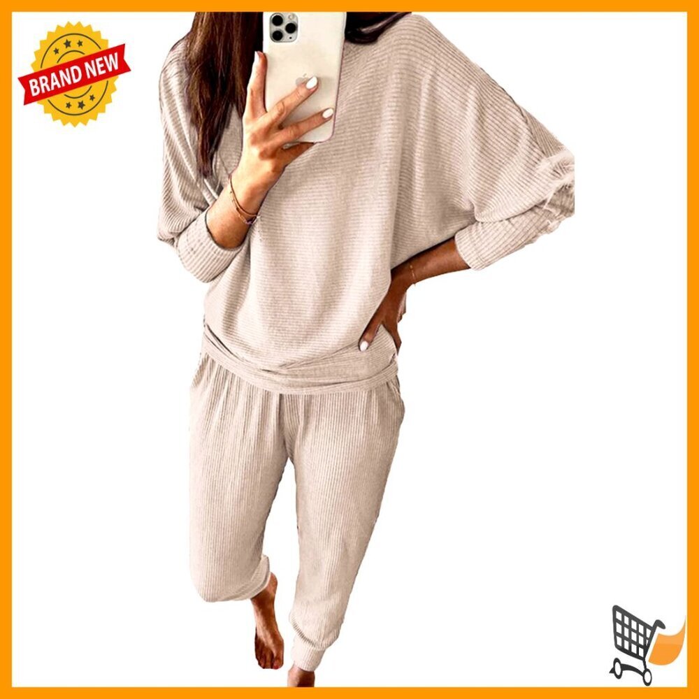 Ribbed Knit Lounge Set Long Sleeve Tops Pants Matching Sweatsuit Travel Outfits